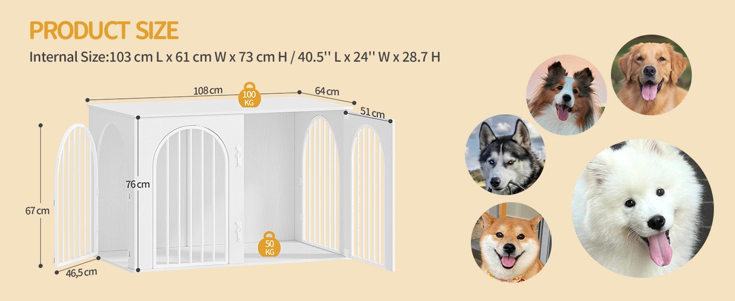 Hzuaneri Modern Dog Crate Furniture - Indoor Dog Kennel with 3 Doors & Tabletop - Durable White Dog Cage 108x64x76cm (DFC86013W)