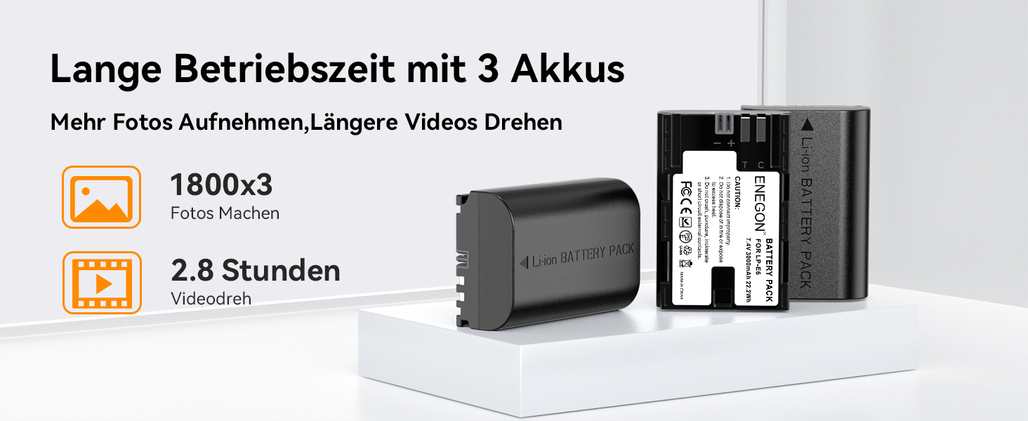 Акумулятор ENEGON LP-E6 (3x3000mAh) з зарядним пристроєм на 3 слоти LCD, сумісний з Canon EOS 5D, 5D Mark II, 6D, 7D, 60D, 70D, 80D, 90D, XC10, XC15
