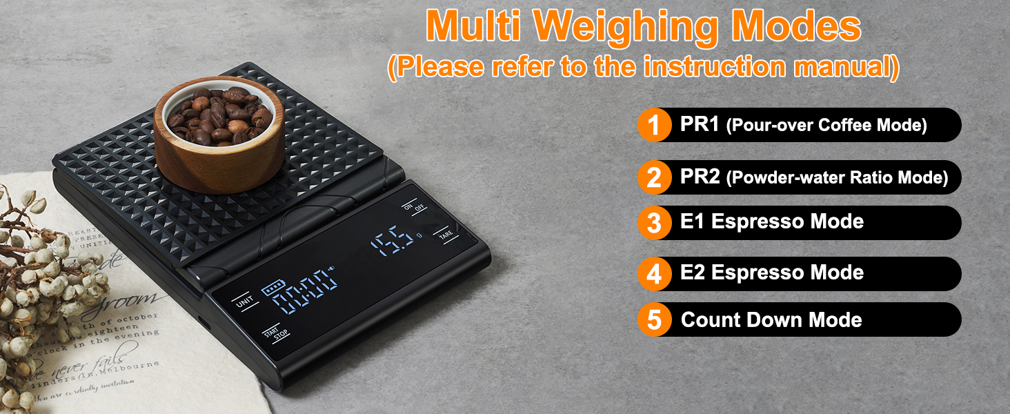 Міні ваги для кави HONPHIER з таймером, 5 кг/0,1 г, LED-дисплей, сенсорне керування, чорний