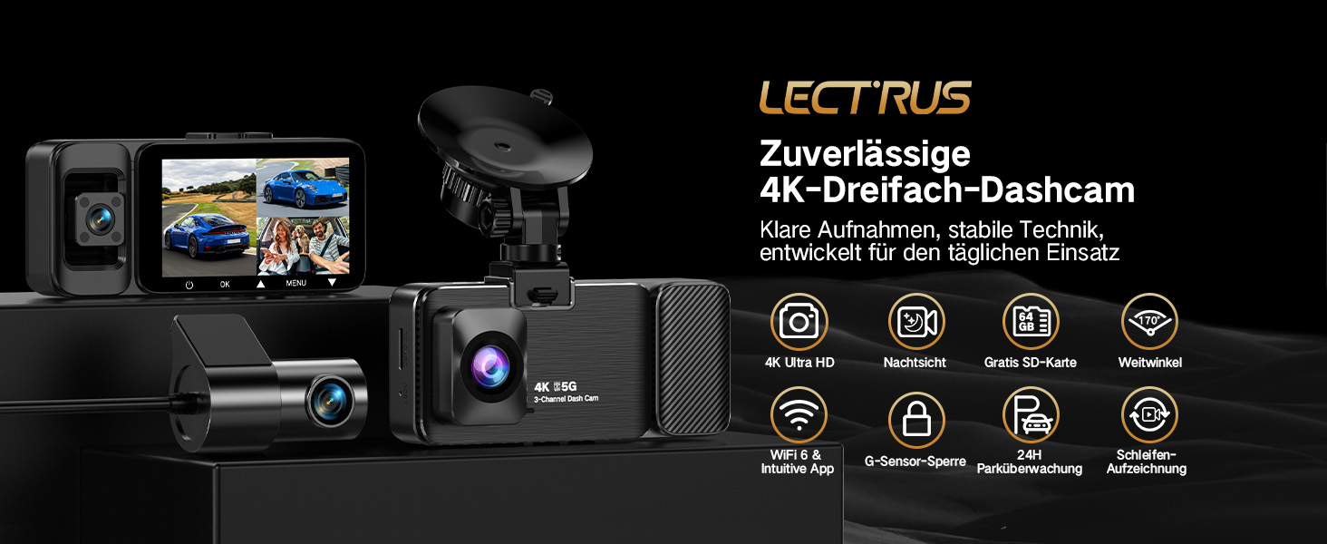 3-канальний автомобільний відеореєстратор 4K (передній, задній, салонний), 170° широкий кут, нічна зйомка, паркування 24/7, G-сенсор, WiFi 5.8 ГГц, SD-карта 64ГБ, чорний