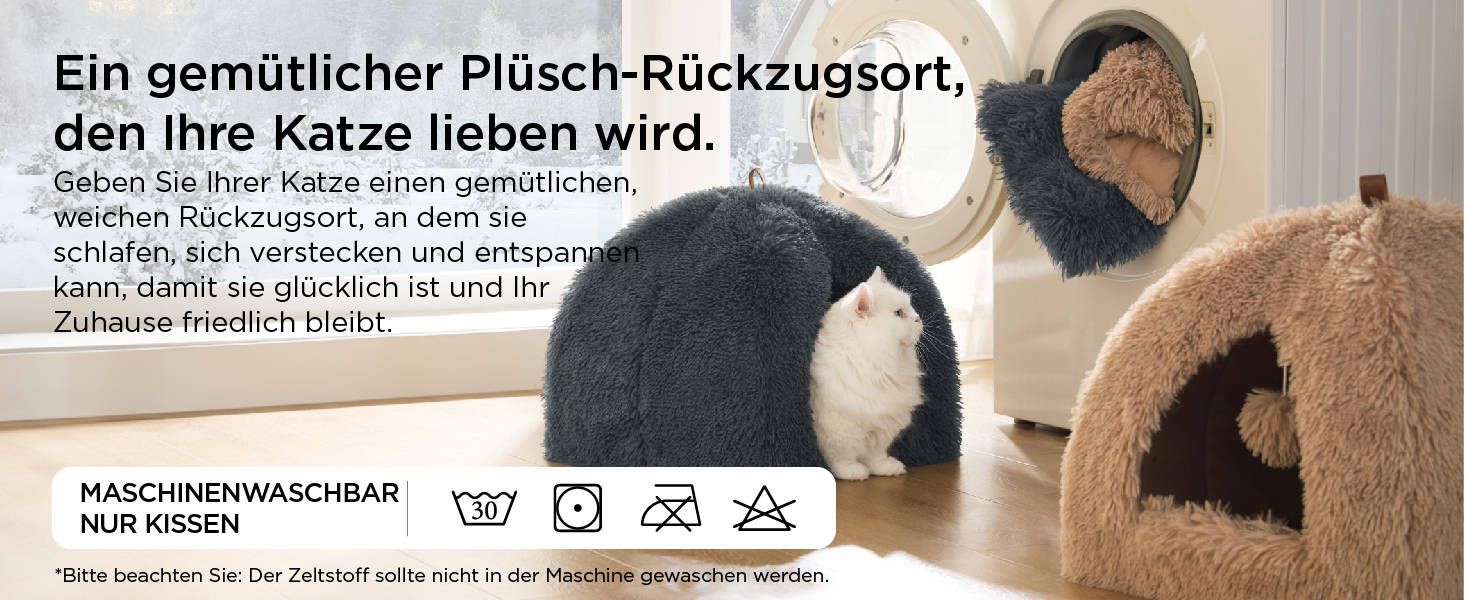 Ліжко для котів BEDSURE велике, 44x44x44 см, сіре. З м'якою подушкою та іграшкою. Легко миється. Внутрішній будиночок для кота.