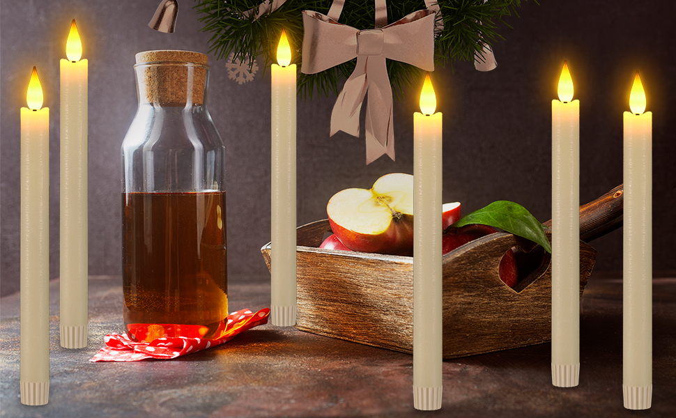 LED свічки Ymenow з таймером, набір 6 шт. 24,5 см, електричні свічки з натурального воску, мерехтливе полум'я, 2 пульти, для спальні, вітальні, декору Хелловін та Різдва