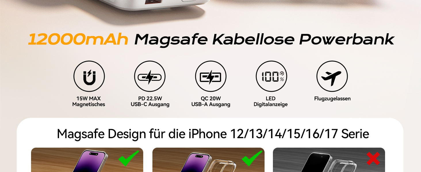 Power Bank 12000mAh з MagSafe, висувним підсвічуванням та USB-A виходом 22.5W PD, LED-дисплей, Type-C, білий