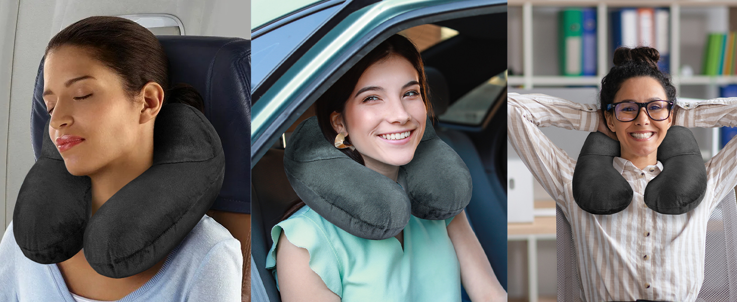 Надувна подушка для шиї Flintronic, ергономічна підголовник з м'яким знімним чохлом для шиї, підборіддя та голови, для подорожей та кемпінгу (темно-сірий) з двошаровою повітряною насадкою