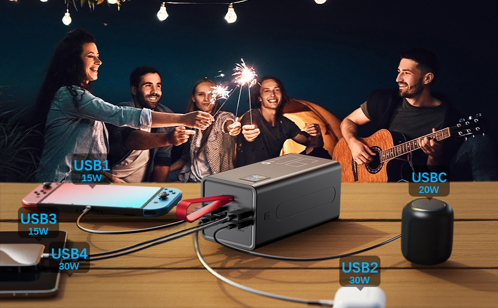 Пауербанк Upgrade 70000 мАг з LED дисплеєм, швидка зарядка 30W PD, 5 виходів USB, 2 входи USB-C, портативний зарядний пристрій для iPhone, кемпінгу