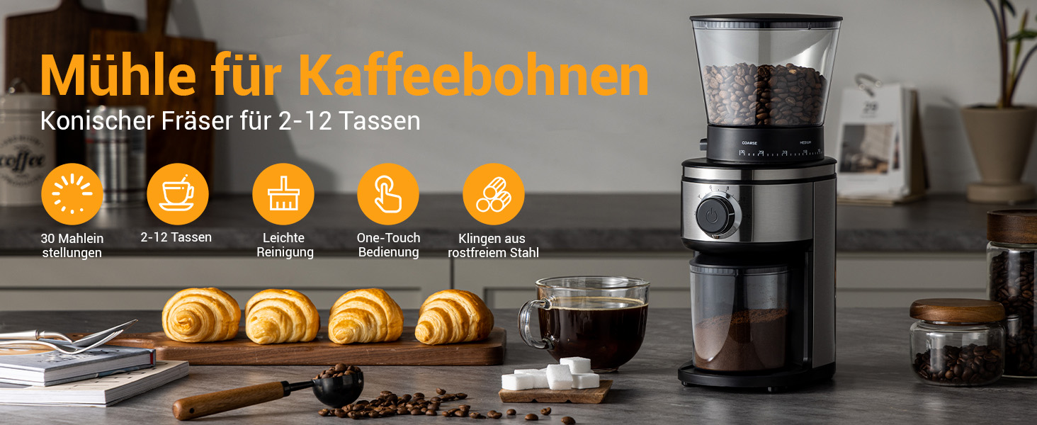 Електрична кавомолка Ollygrin Bg702s-pg: 30 ступенів помолу, для еспресо, drip, pour over, cold brew, French press, 2-12 чашок, 220V, нержавіюча сталь