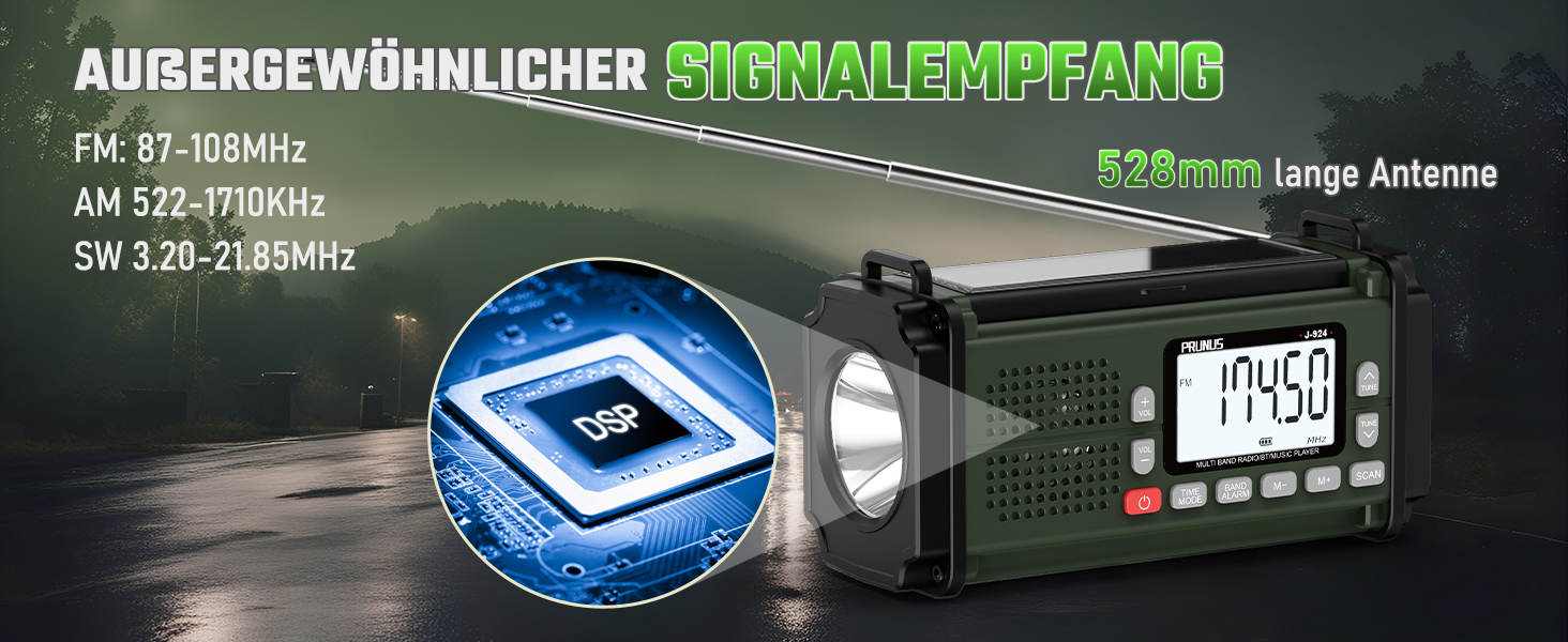 Радіо PRUNUS J-924S AM/FM/SW: Кисневе радіо, радіоприймач для надзвичайних ситуацій з сонячною панеллю, акумулятором 10000mAh, ліхтариком, SOS-сигналом та функцією зарядки телефону. Ідеально для відпочинку на природі, відключень електроенергії та надзвичайних ситуацій. Чорний колір.