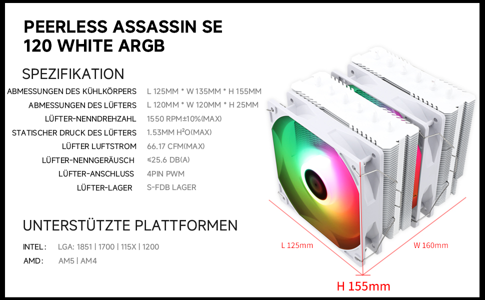 Кулер для процесора Thermalright Peerless Assassin 120 SE WHITE ARGB, двовежевий, 6 теплових трубок, для AMD AM5 та Intel LGA1851/1700, білий