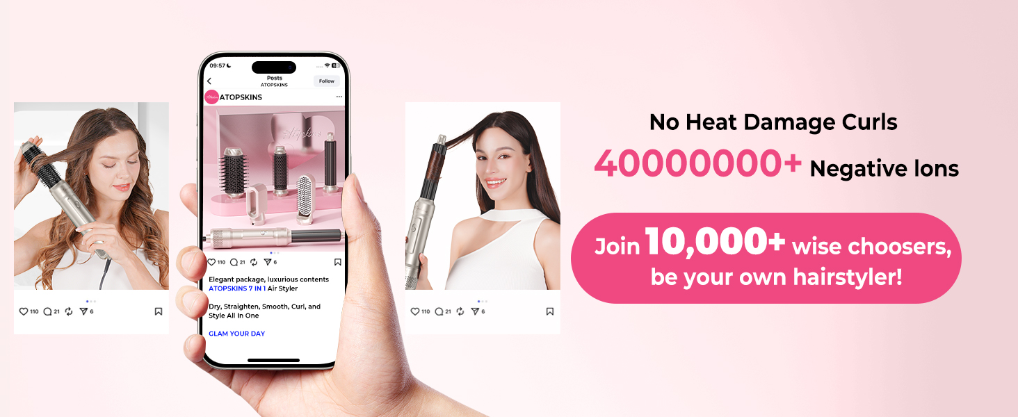 Набір для укладки волосся Atopskins 6 в 1: фен-щітка, плойка, круглі щітки, 1000W, рожевий (крем-золотий)