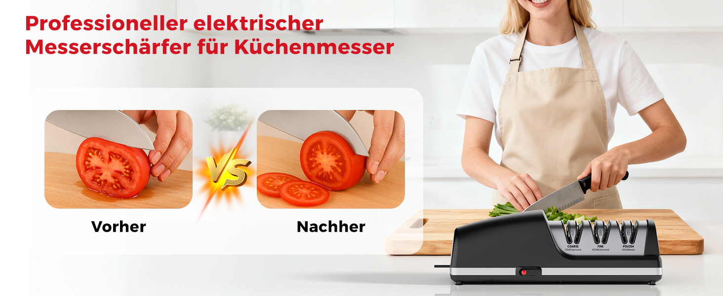Професійний електричний точило для ножів | Змінні насадки | 100% алмазний абразив, прецизійна система нахилу, підходить для заточування ножів з двостороннім та хвилястим лезом, чорний