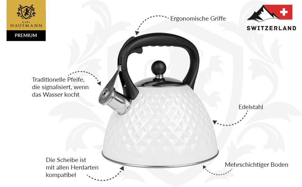 Чайник Karl Hausmann 3L з автоматичним свистком для індукційних, газових та електричних плит - нержавіюча сталь
