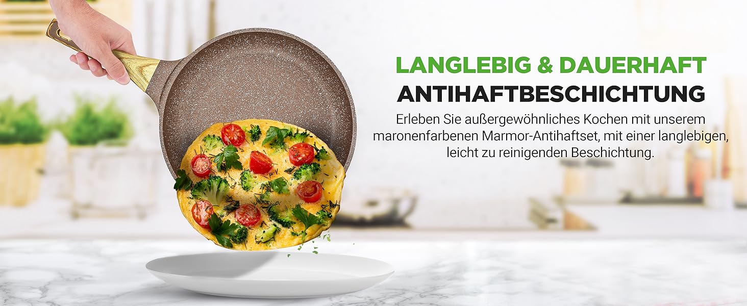 Набір посуду NutriChef Сандбраун 22 предмети з антипригарним мармуровим покриттям: сковороди, каструлі, кухонні прилади, форма для випічки, рукавиці, для індукційних плит, посудомийна машина