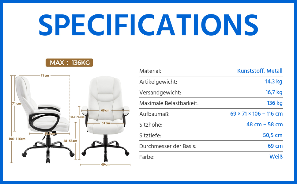 Офісне крісло Yaheetech для офісу та дому: ергономічне, з високою спинкою, регульоване по висоті, з оббивкою з штучної шкіри (білий)