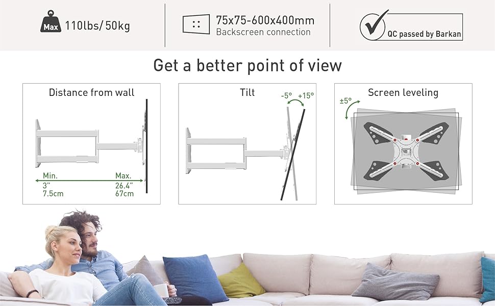 Кронштейн для телевізора Barkan 76 см білий, поворотний, для LED/OLED 13-65 дюймів, до 36 кг, VESA 400x400