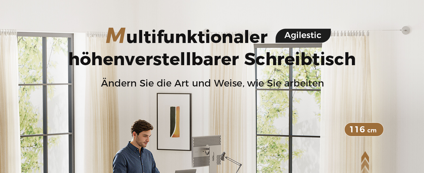 Електричний регульований стіл Agilestic з підсвічуванням, USB-портом та мобільним тримачем монітора. Комп'ютерний стіл з 3-секційною стільницею (білий, 120 x 60 см)