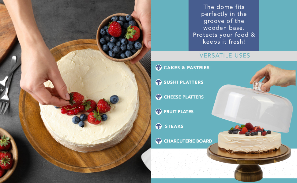 Підставка для тортів HEFTMAN 25,4 см з куполоподібним кришкою – 2-в-1 антиковзаюча підставка з акації з прозорою кришкою з акрилу для тортів, випічки, сирних дощок – ідеально для дня народження, весілля, святкування