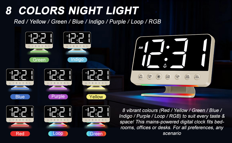 Цифровий будильник LED з RGB-підсвіткою та USB-портом, гучний сигнал 30-110 дБ для міцного сну, настільний годинник з функцією Snooze (Бежевий)