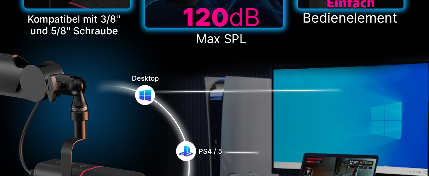 IXTECH Динамічний мікрофон з нирковою характеристикою RGB для студії, стримінгу та запису. USB/XLR, регулювання Gain, для подкастів та вокалу. Білий (M, Black)