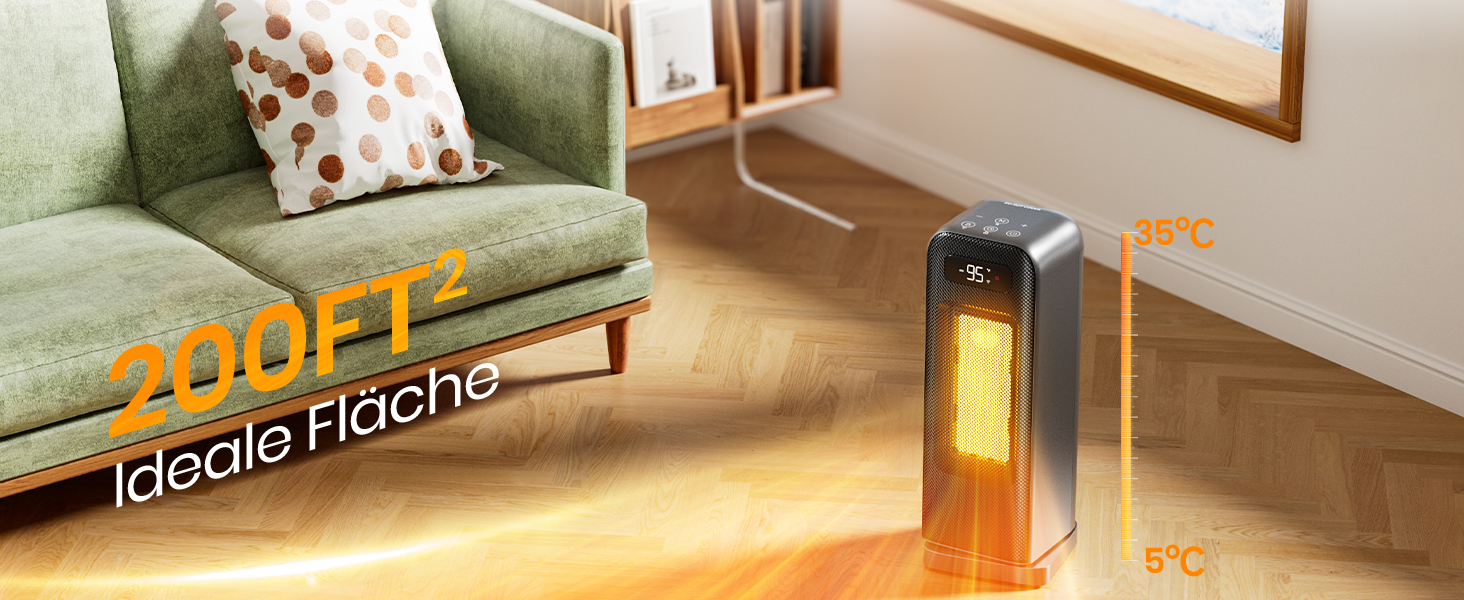 Електричний обігрівач 1500W, керамічний, тихий, з таймером 12 годин, осциляція 70°, захист від перегріву та перекидання, сумісний з Alexa & Google Assistant, чорний, 1 шт. + 4 режими