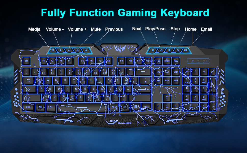 Ігровий набір клавіатури та миші: 114 клавіші QWERTZ DE, LED підсвічування, ергономічна миша з 4 кольорами, великий килимок, USB для PC/PS5/Xbox