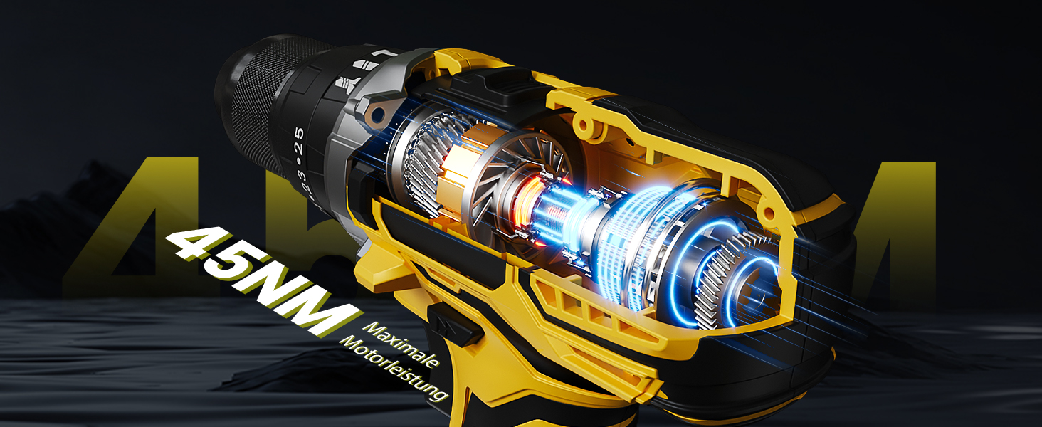 Акумуляторний дриль-шуруповерт 21V з 2 акумуляторами 2000mAh, 45Nm, 25+3 ступені крутного моменту, 10мм патрон, 27 предметів + кейс для домашніх DIY проектів