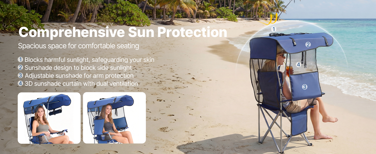 Складний стілець VEVOR для кемпінгу, риболовлі та пікніків, 150 кг, з парасолькою, підсклянниками та кишенею для журналів, темно-синій