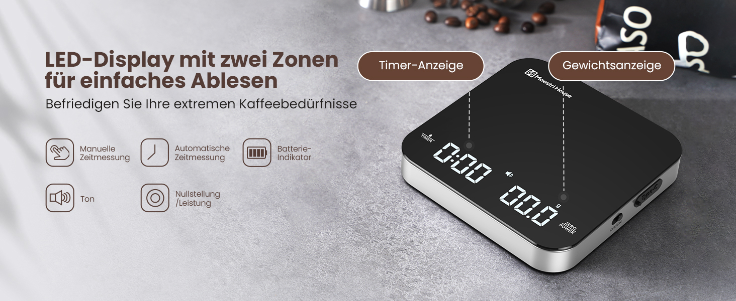 Ваги для кави Maestri House Mini з таймером, перезаряджувані, для еспресо та Pour-Over, точність 2 кг/0,1 г, портативні, чорно-срібні
