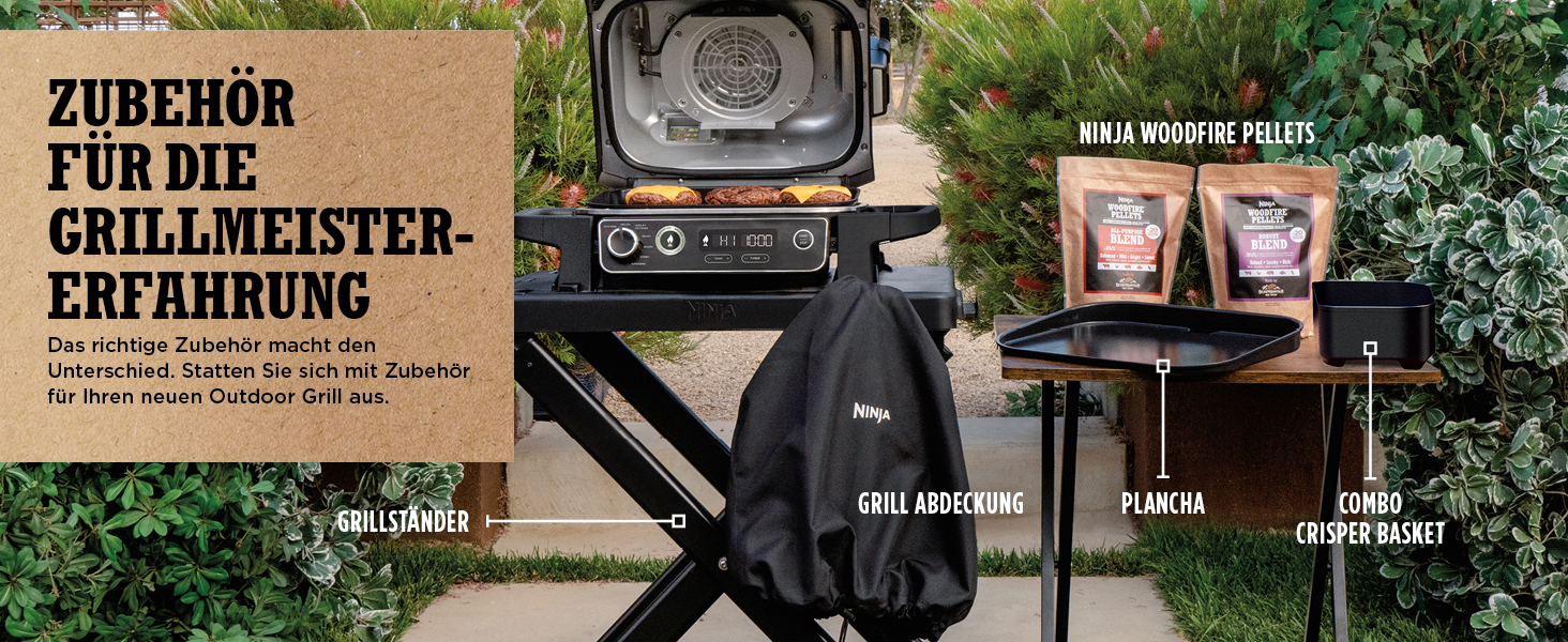 Ninja Woodfire Electric Grill with Smoker & Air Fryer - 7-in-1 Outdoor BBQ Grill - Weatherproof, Non-Stick, Portable - Grey/Black OG701EU