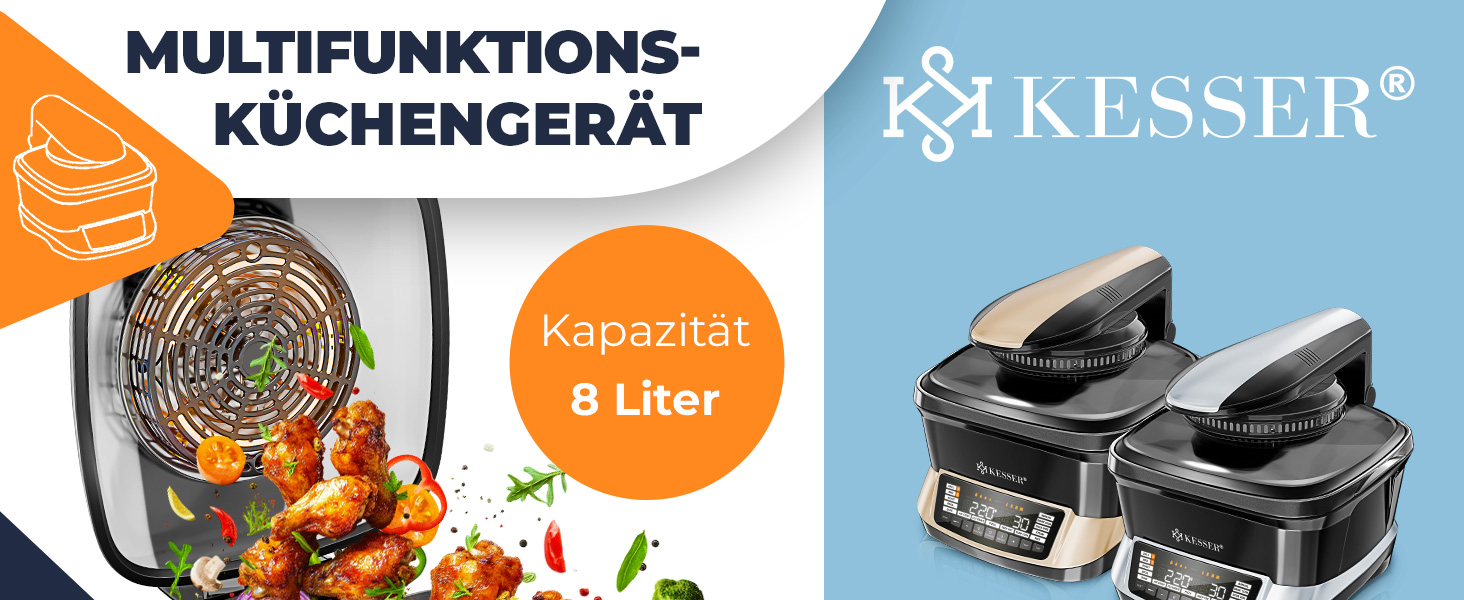 Мультиварка KESSER® 8л з фритюрницею та 16 програм: приготування на грилі, випічка, тушкування, варіння на пару, функція підігріву та швидкої приготування, рисоварка, йогуртниця, чорний