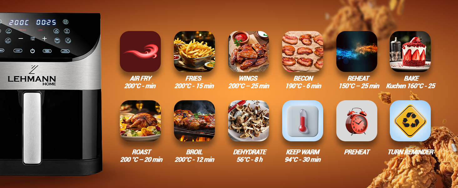 Електрична фритюрниця LEHMANN 6L з прозорим вікном, 1500 Вт, 12 програм, регулювання температури 76-200°C, таймер, LED-дисплей, фритюрниця без олії для приготування на грилі, випікання та смаження