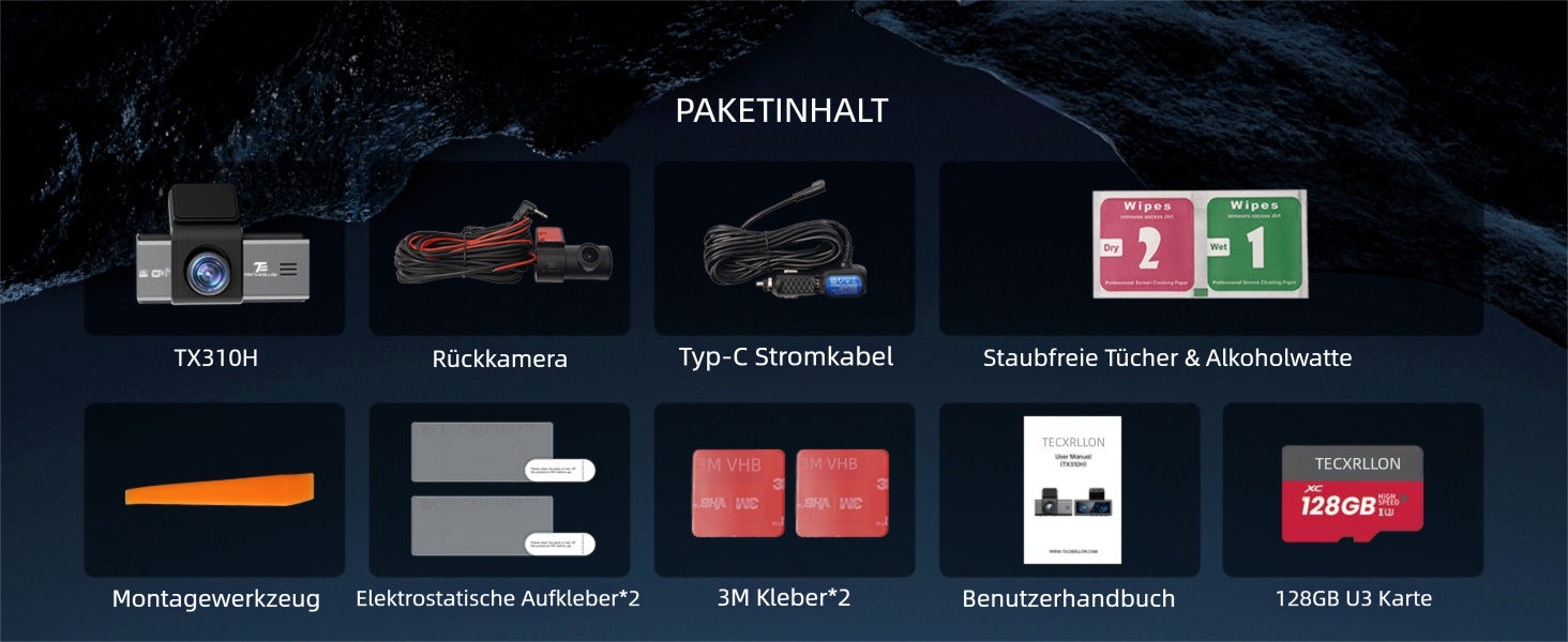 Відеореєстратор TECXERLLON 4K з ADAS, GPS, WDR, G-сенсором та нічним баченням, 24/7 парковка, 128GB карта в комплекті