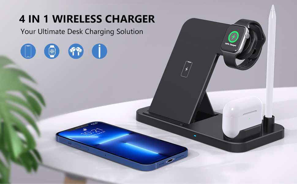 Бездротовий зарядний пристрій 4-в-1, 18W для Apple Watch, AirPods Pro, iPhone 12/SE/11/X/XR/Xs Max/8, Samsung Galaxy S20/S10 - Qi сертифікований