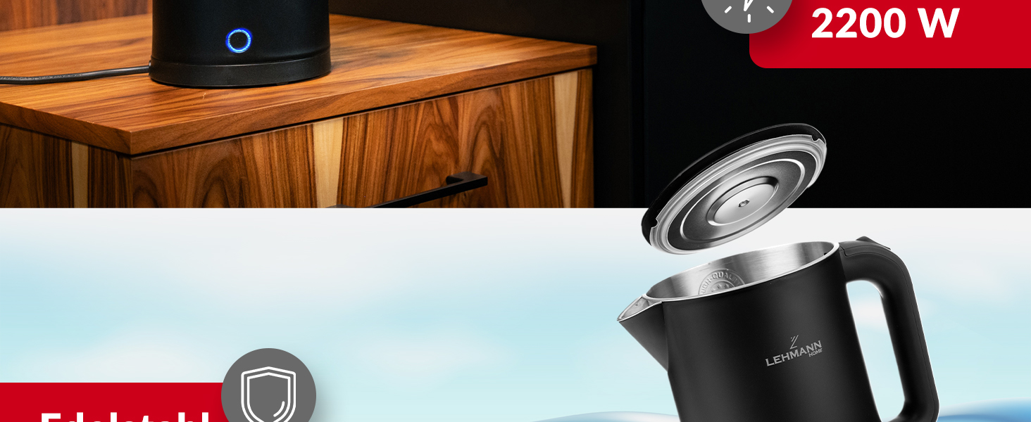 Електричний чайник LEHMANN з нержавіючої сталі 1,7л, 2200W, швидкий нагрів, подвійні стінки, автовимкнення та захист від перегріву, BPA-free, для дитячого харчування, чаю та кави, чорний