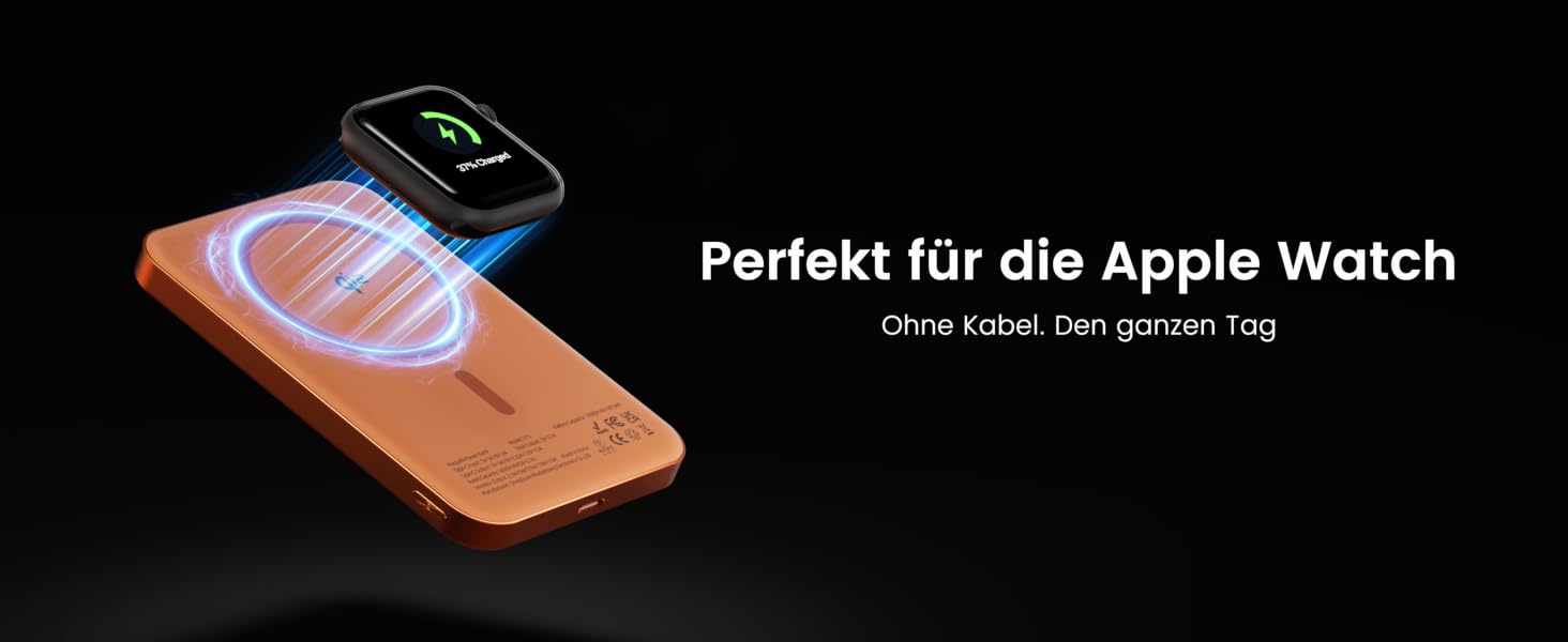Power Bank 10000 mAh з магнітом, ультратонкий титановий корпус (14 мм), PD 20W, бездротова зарядка USB-C для iPhone 15/16/17 та Apple Watch (Оранжевий)