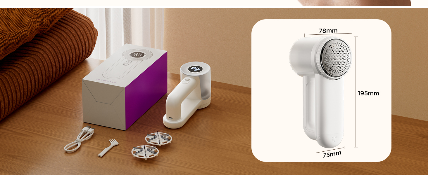 Електричний видальник ворсу 2-в-1 з трьома швидкостями для всіх тканин, з цифровим дисплеєм, 3 леза, USB-C кабель (Білий)