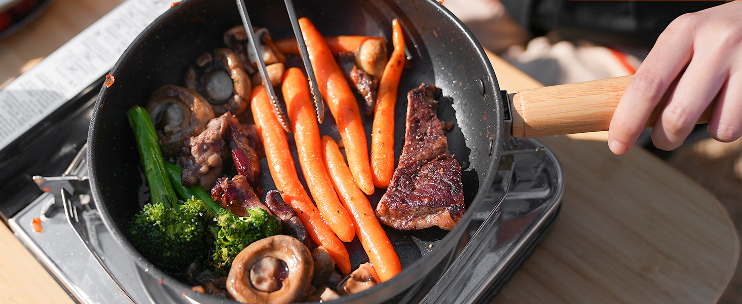 Набір посуду для кемпінгу KingCamp з кошиком, нержавіюча сталь, антипригарне покриття, 4-х частинний набір + чайник