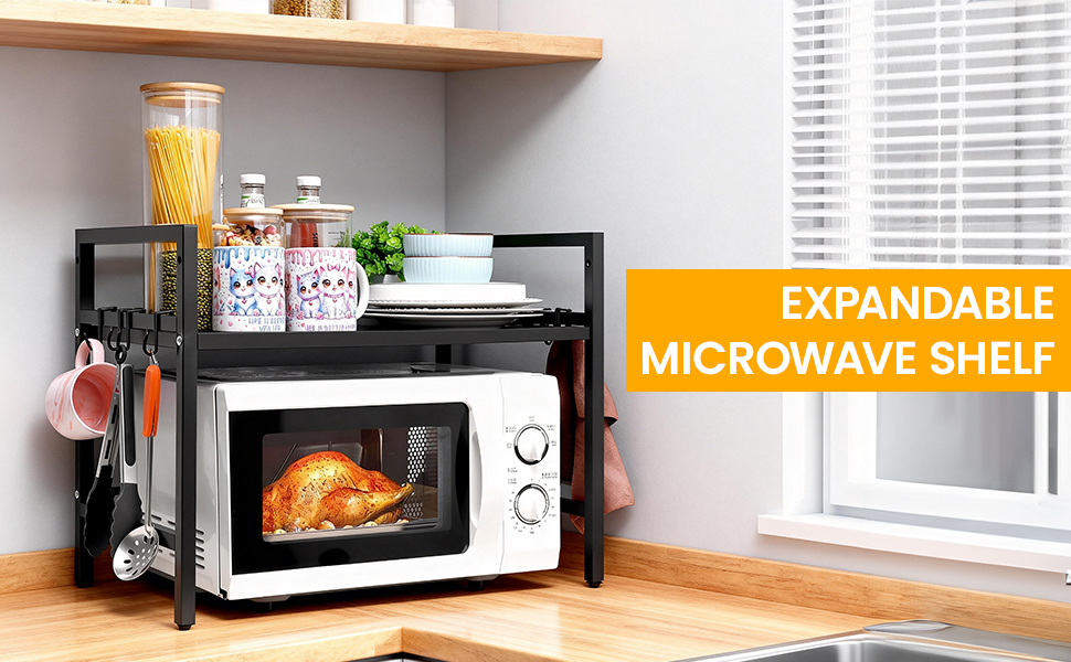 Регульована полиця для мікрохвильової печі, 2-ярусна, розширювана полиця для кухні з вуглецевої сталі з 8 гачками, підставка для кухонного приладдя, стійка для мікрохвильової печі та органайзер для кухні