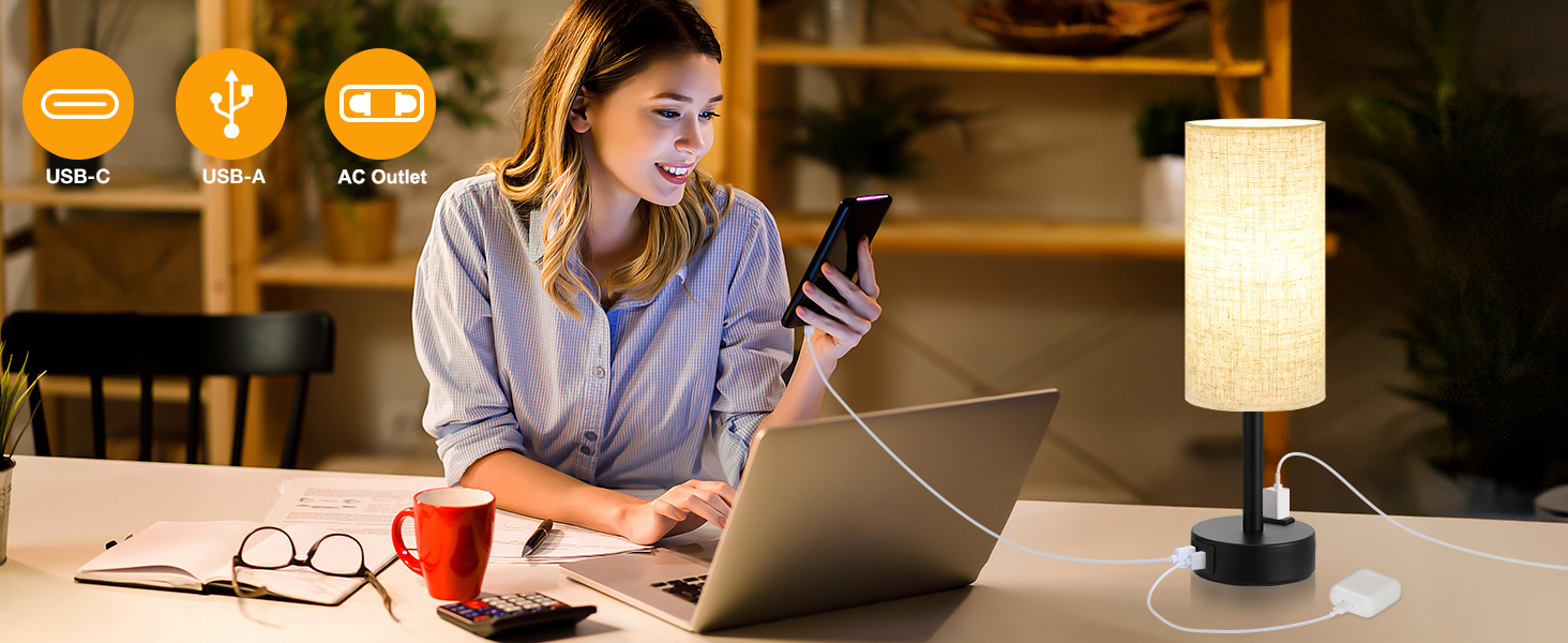 Настільна лампа Kakanuo з торшером, USB-порт, регулювання яскравості, тканинний абажур, для спальні, вітальні, дитячої кімнати, офісу (з лампочкою), білий/бежевий