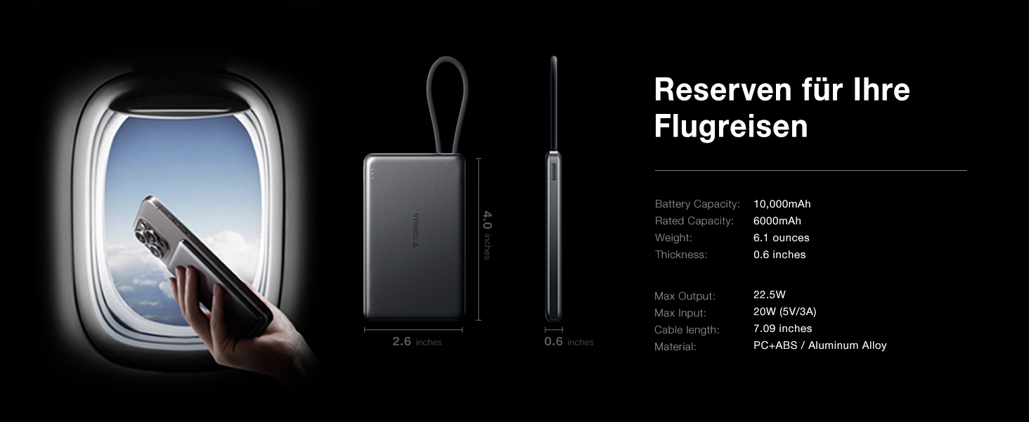 Портативний зарядний пристрій TORRAS 10000mAh з кабелем USB-C, 22.5W PD3.0, білий. Сумісний з iPhone, Samsung, AirPods.