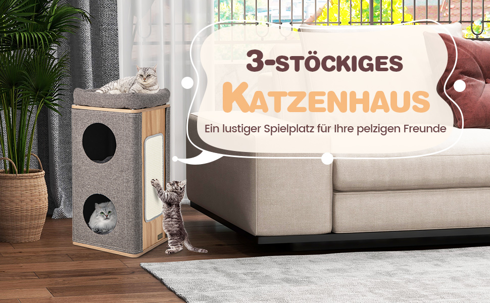 Кігтеточка-будинок для котів COSTWAY 3-ярусна сіра, з дошками для шліфування та 3 килимками, до 20 кг