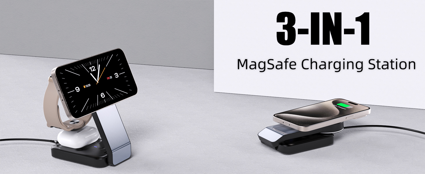 Бездротовий зарядний пристрій MagSafe 3-в-1 15W для iPhone 16/15/14 Pro Max, Apple Watch (iWatch 10/SE/9) та AirPods Pro - Чорний