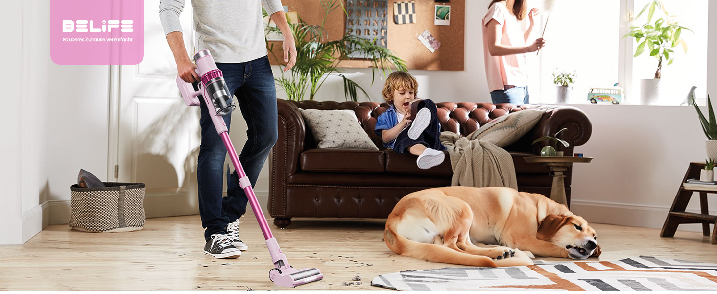 Бездротовий пилосос Belife Akku: потужний, 6-в-1, для тварин, килимів, твердих поверхонь, LED-дисплей, 45 хв роботи, 45000Pa, 550W, безщітковий мотор (рожевий)