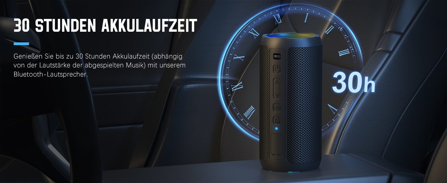 Портативна Bluetooth колонка Ortizan з підсвічуванням, IPX7 водонепроникність, подвійний бас, 30 годин роботи, функція гучного зв'язку, чорна