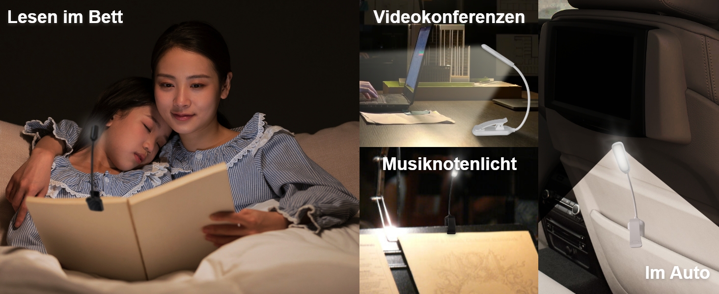 USB LED лампа для читання з кліпсою, 3 режими температури кольору, регульована яскравість, гнучка на 360°, для ліжка, столу та подорожей, біла
