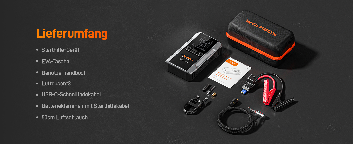 WOLFBOX 4000A Пускозарядний пристрій з компресором 160PSI, 12V, 65W, 88.8Wh, для бензинових/дизельних двигунів 10L, LED-ліхтар, кабелі, 4000A