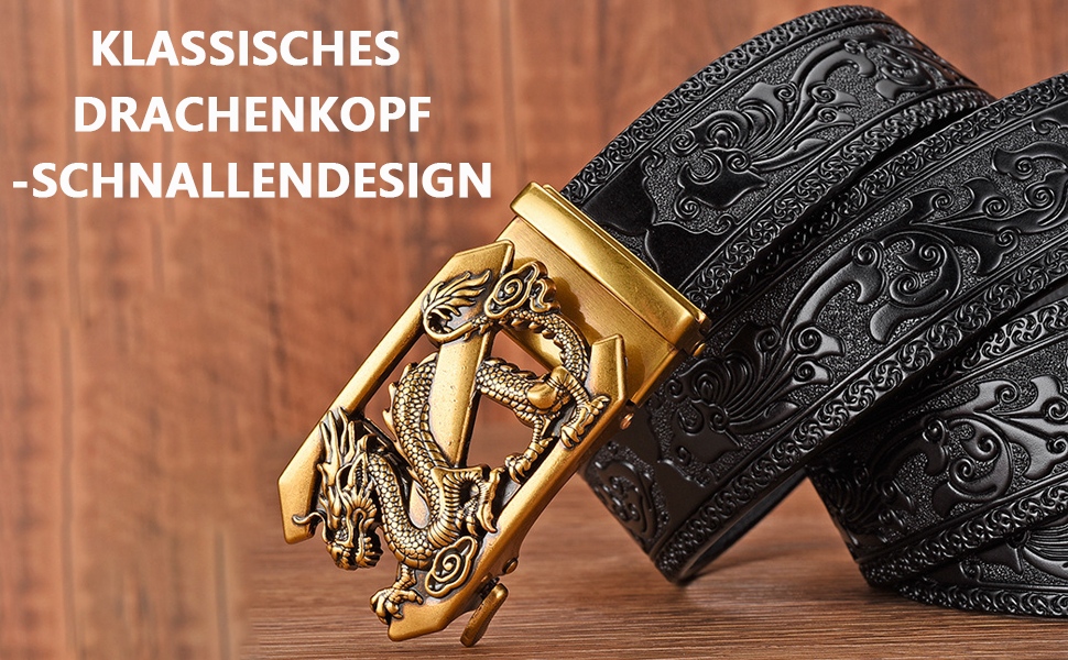 Чоловічий шкіряний ремінь з гравіюванням, вінтажний, з логотипом дракона, автоматична застібка, чорний, 122.5 см