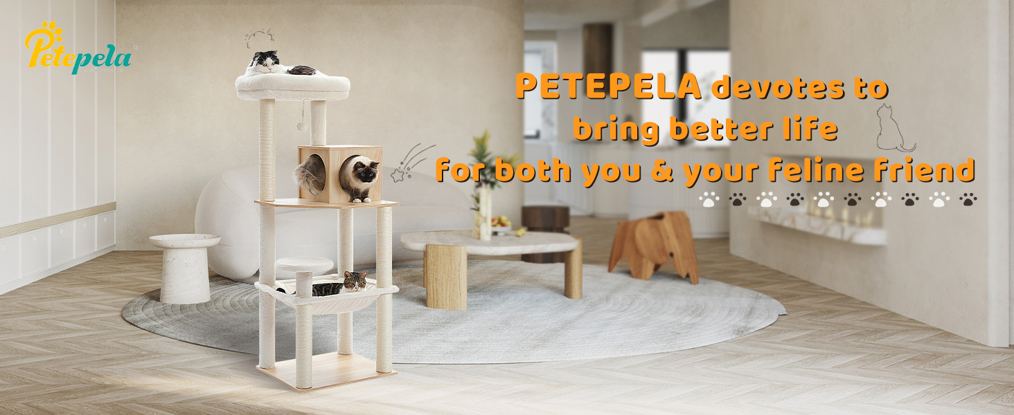 Дерев'яний кігтеточка для котів Petpela Katzenbaum 143см з гамаком та лежаком, обтягнутий сизалевим мотузком, бежевий