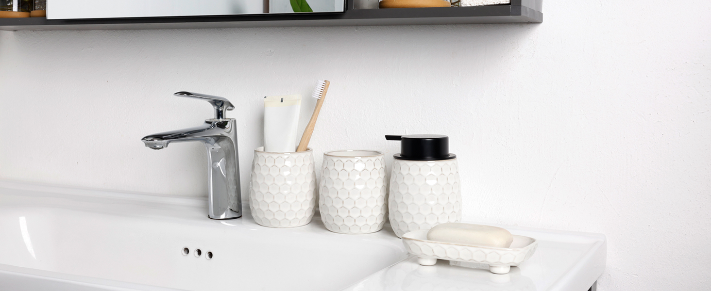 Набір для ванної кімнати: органайзер з кераміки (4 шт.) - дозатор мила 400 мл, стакан для зубної щітки, мильниця, декор преміум-якість (бежевий)