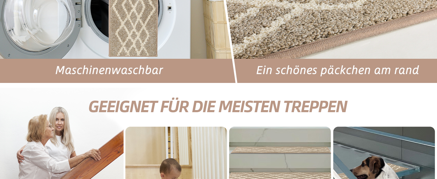 Ковзаючі сходинки для дому COSY HOMEER, 15 шт. (70 x 22 см), антиковзаючі, самоклеючі, машинне прання, 100% поліестер, TPE-підкладка, ідеально для дітей, літніх людей та домашніх тварин, бежевий ромбік