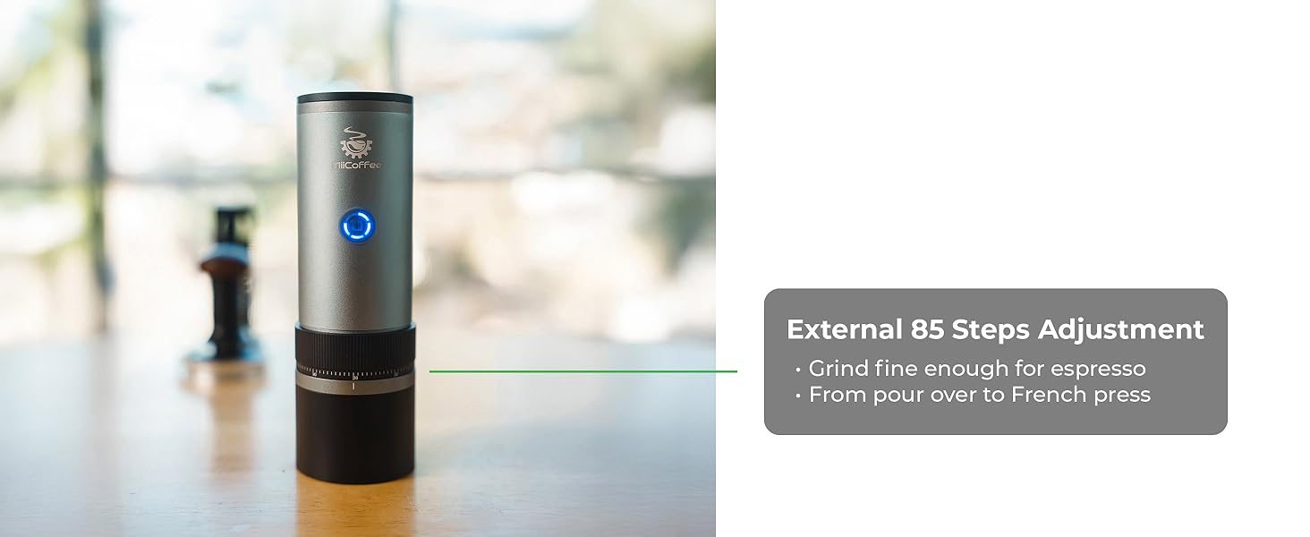 MiiCoffee PT2 портативна електрична кавомолка, USB-C, конічні жорна, алюмінієвий корпус, з щіткою для чищення